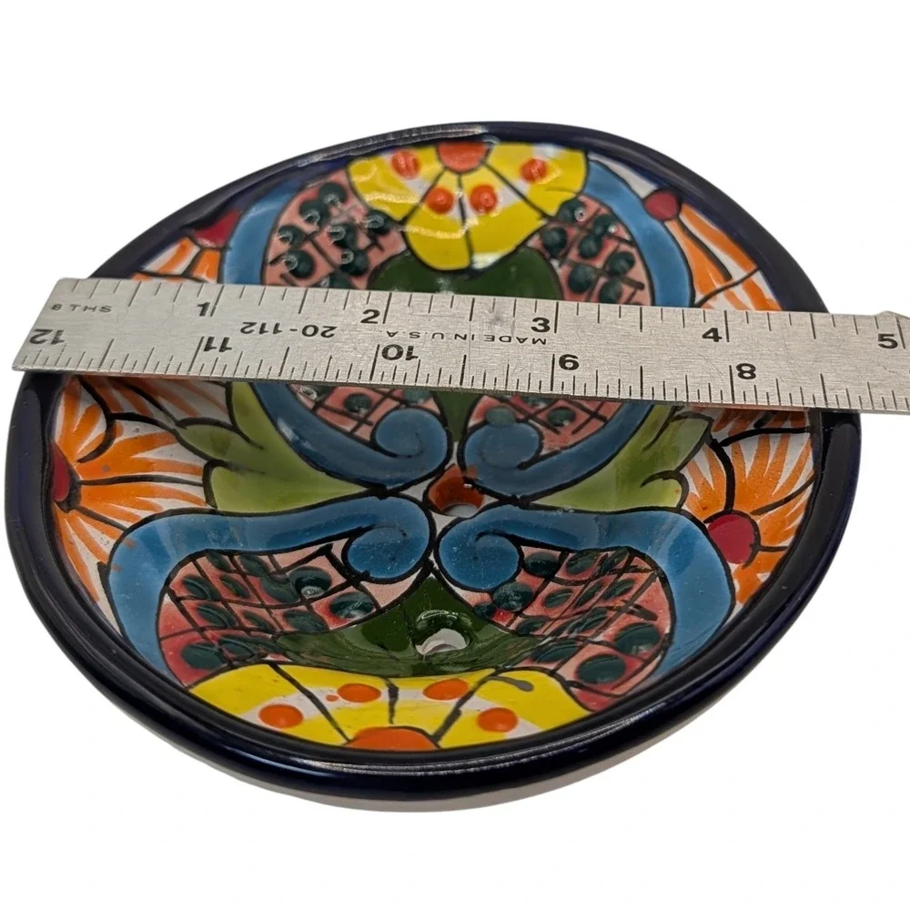 Mexican Hand Painted Soap Dish Red Clay Decorative Multicolors Folk Art